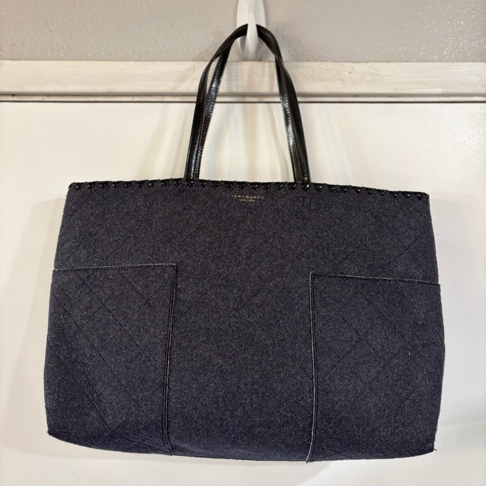 Tory Burch Block T Felt Tote Shoulder Bag Carry On Work Travel Blue Gray Logo